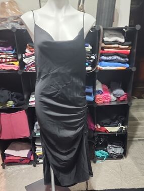 Black Slip Midi Dress with Spaghetti Straps